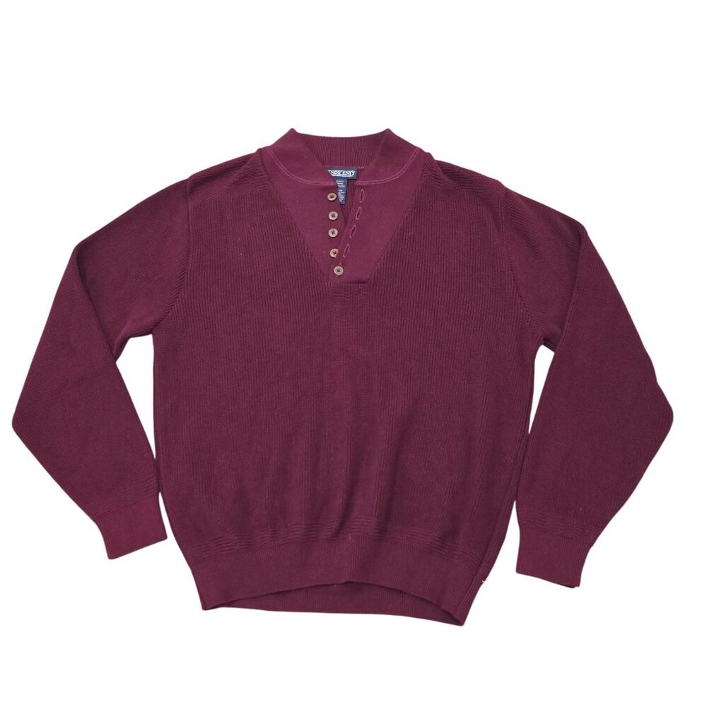 Mens vintage Lands End Burgundy Cotton Sweater L/S Henley Pullover L 42-44